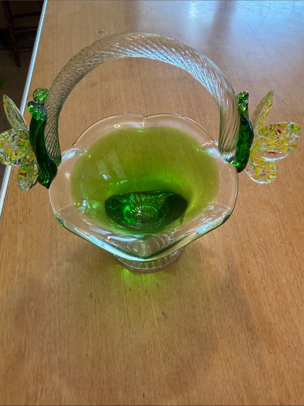 Vintage Green Glass Basket with Twisted Handle